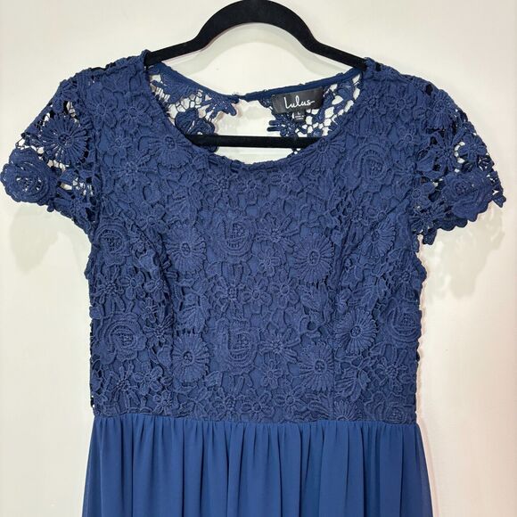 Lulus Navy Blue Crochet Lace Maxi Dress L Open Back Sexy Bridesmaid Wedding - Picture 2 of 15